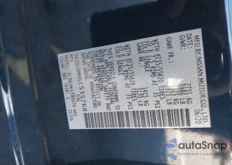 2020 Infiniti Qx60 Luxe/Pure/Special Edition z USA, uszkodzony, nr VIN 5N1DL0MM0LC535766